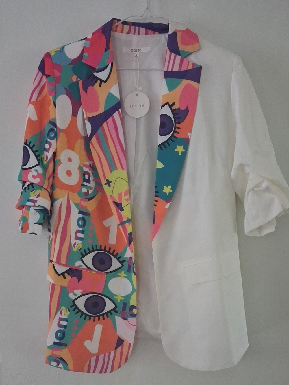 Pastels White Blazer with Multicolor Graphic Panel